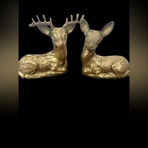 Vintage Pair Of Brass Deer Buck And Doe Laying Down Figurine Hollow MantlePieces